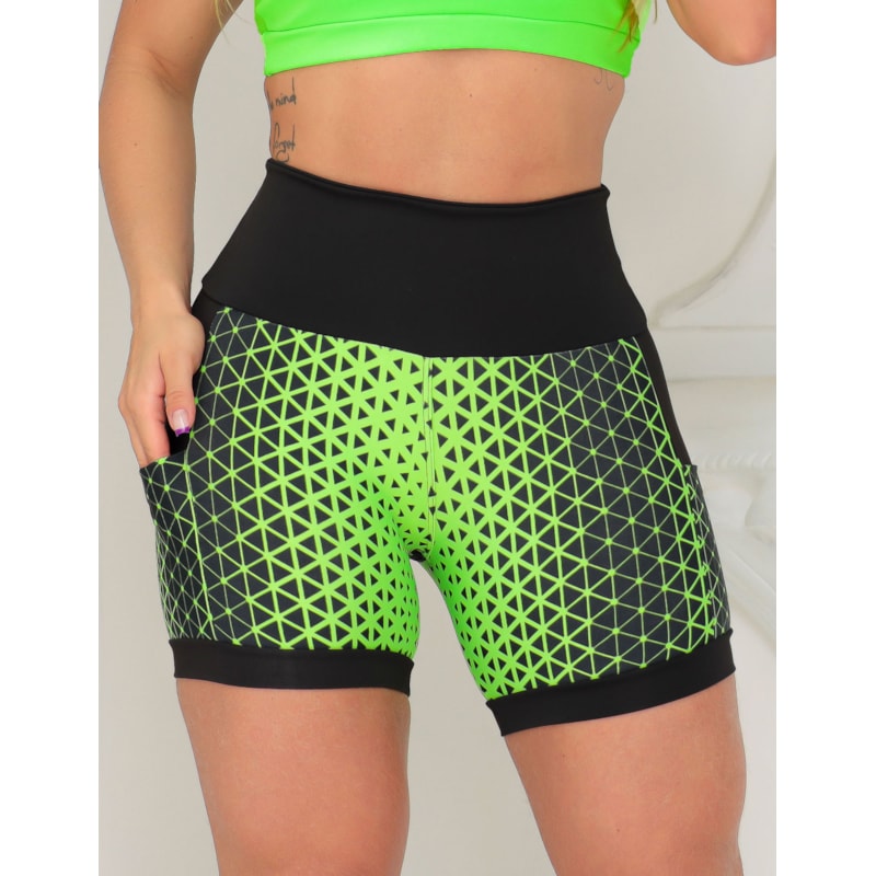 Shortinho Feminino Academia Fitness Estampado Cós Alto e Bolsos