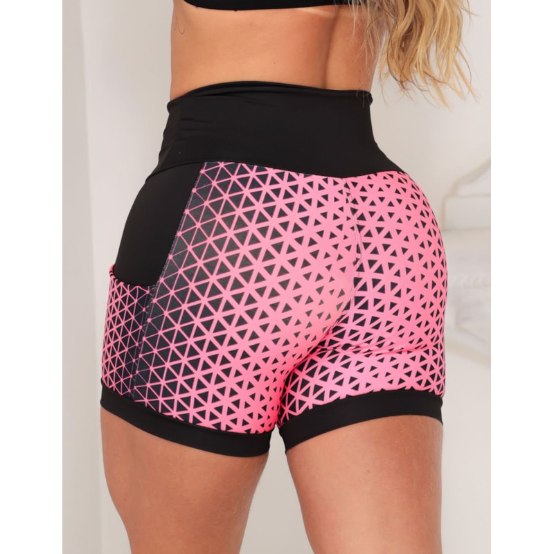 Shortinho Feminino Academia Fitness Estampado Cós Alto e Bolsos