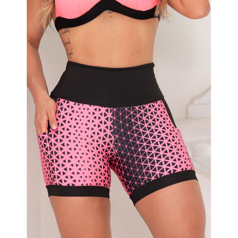 Shortinho Feminino Academia Fitness Estampado Cós Alto e Bolsos