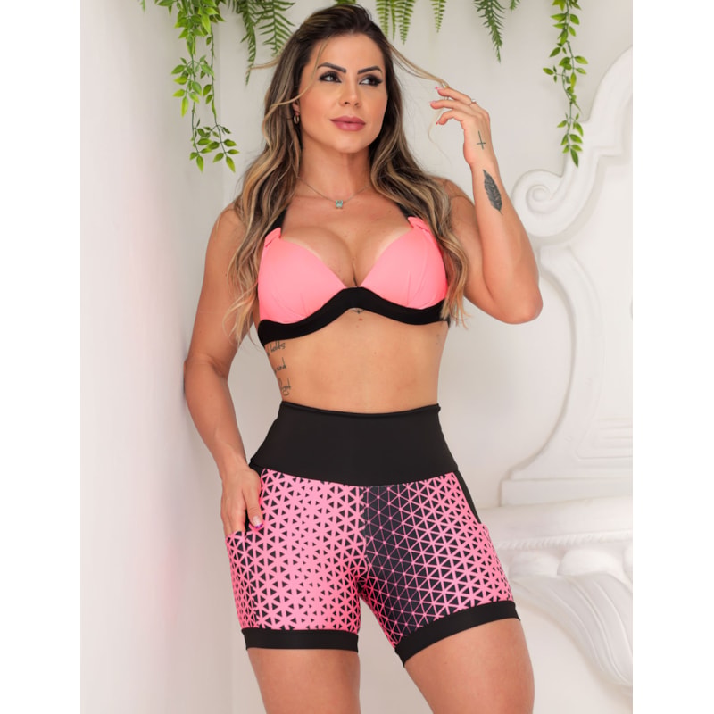 Shortinho Feminino Academia Fitness Estampado Cós Alto e Bolsos