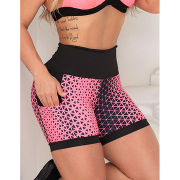 Shortinho Feminino Academia Fitness Estampado Cós Alto e Bolsos