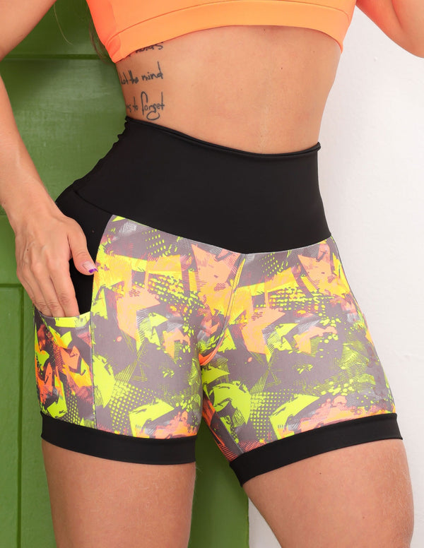 Shortinho Feminino Academia Fitness Estampado Cós Alto e Bolsos