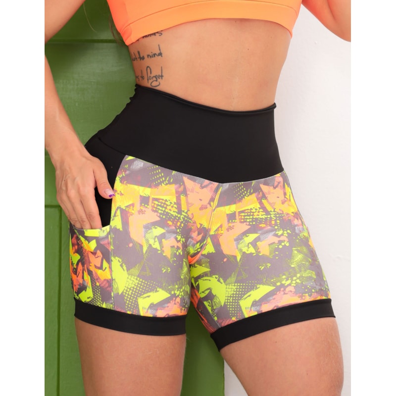 Shortinho Feminino Academia Fitness Estampado Cós Alto e Bolsos