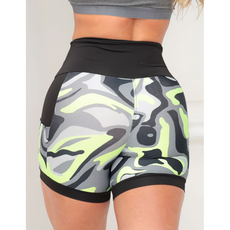 Shortinho Feminino Academia Fitness Estampado Cós Alto e Bolsos