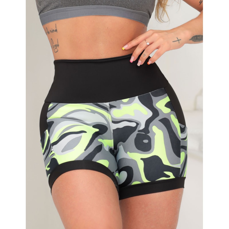 Shortinho Feminino Academia Fitness Estampado Cós Alto e Bolsos