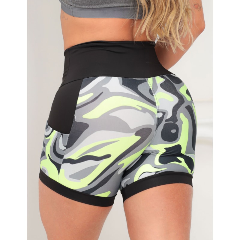 Shortinho Feminino Academia Fitness Estampado Cós Alto e Bolsos