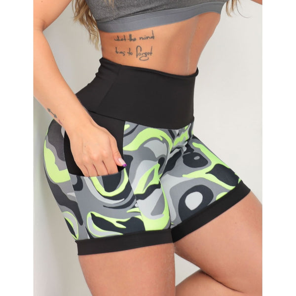 Shortinho Feminino Academia Fitness Estampado Cós Alto e Bolsos