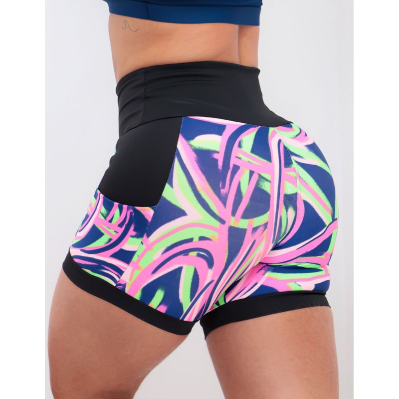 Shortinho Feminino Academia Fitness Estampado Cós Alto e Bolsos