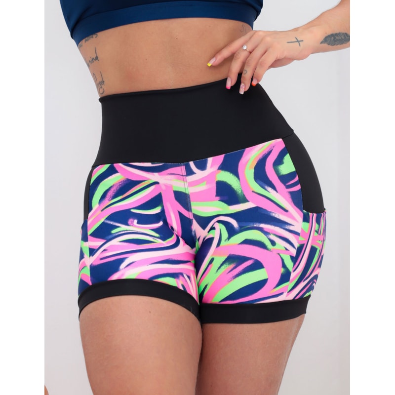 Shortinho Feminino Academia Fitness Estampado Cós Alto e Bolsos