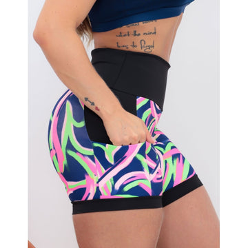 Shortinho Feminino Academia Fitness Estampado Cós Alto e Bolsos