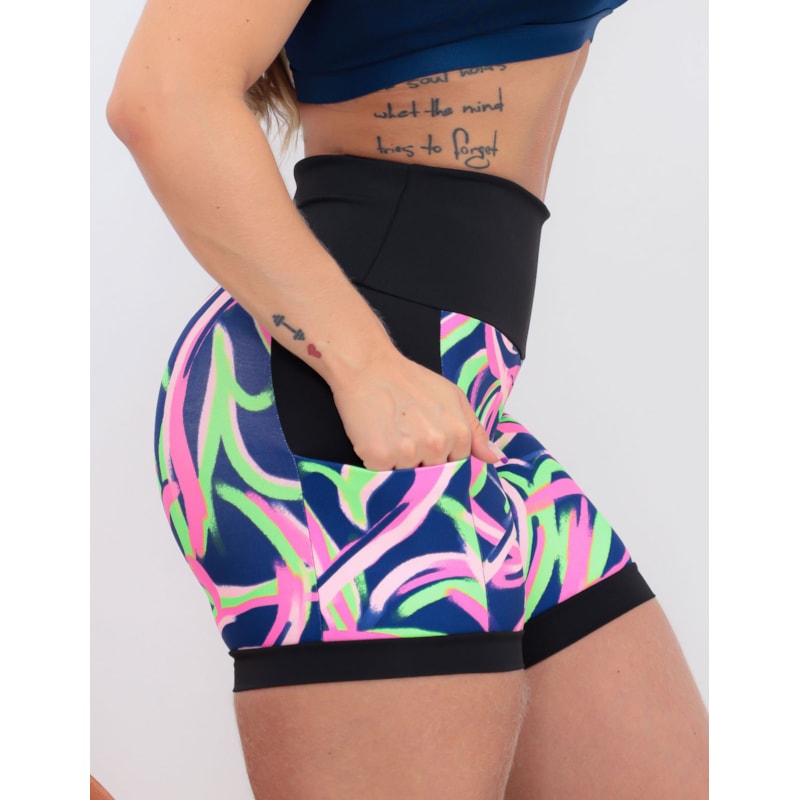 Shortinho Feminino Academia Fitness Estampado Cós Alto e Bolsos