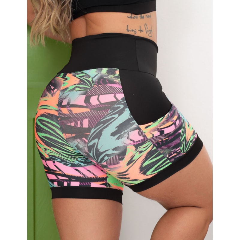 Shortinho Feminino Academia Fitness Estampado Cós Alto e Bolsos