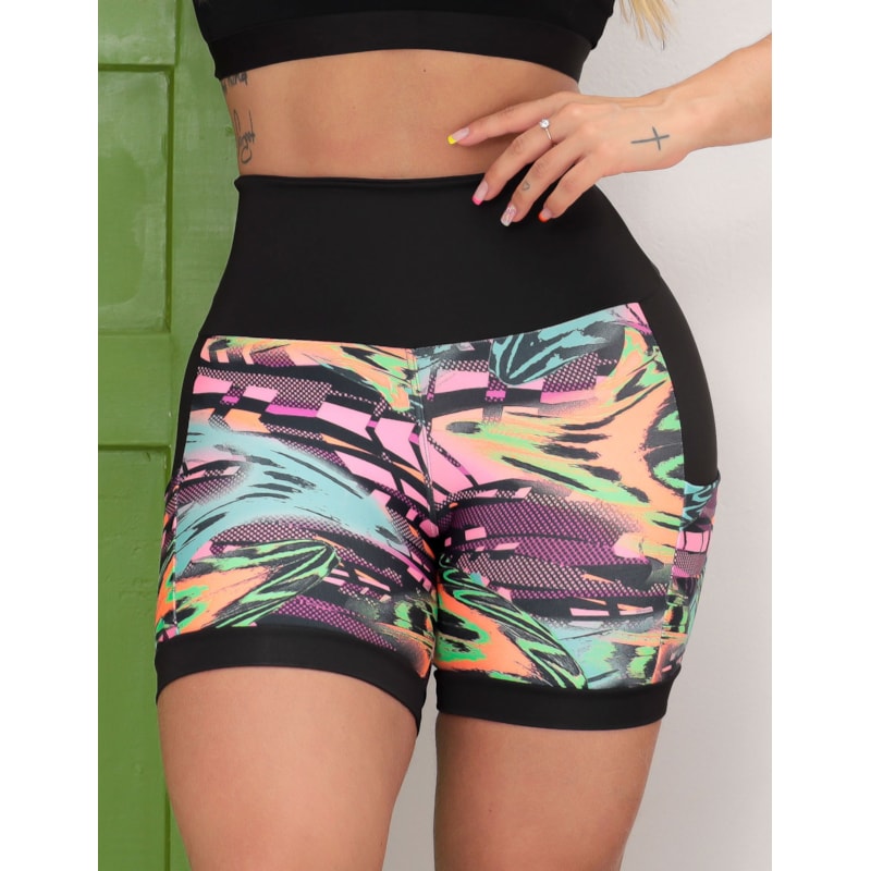 Shortinho Feminino Academia Fitness Estampado Cós Alto e Bolsos