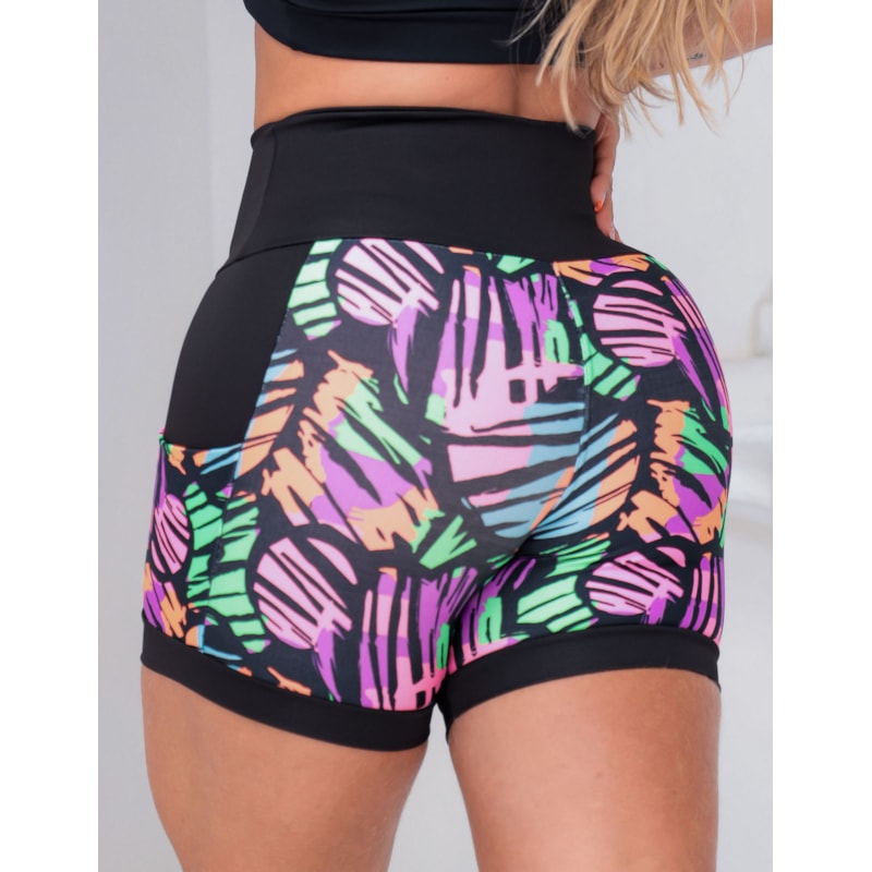 Shortinho Feminino Academia Fitness Estampado Cós Alto e Bolsos