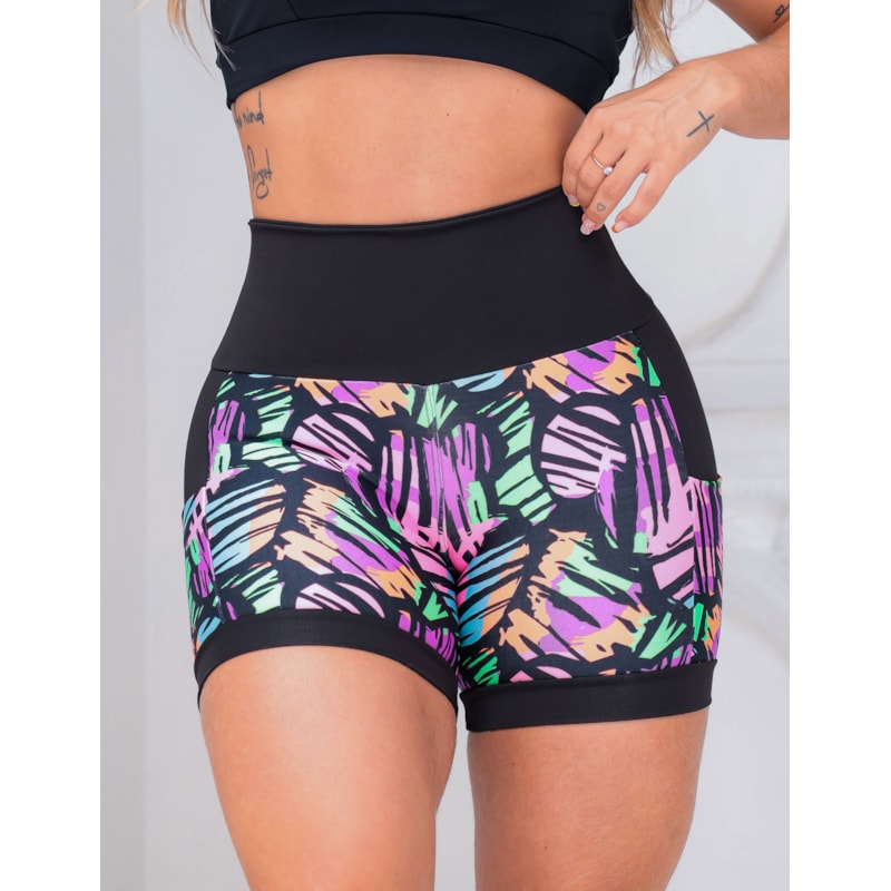 Shortinho Feminino Academia Fitness Estampado Cós Alto e Bolsos