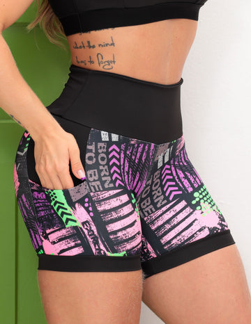 Shortinho Feminino Academia Fitness Estampado Cós Alto e Bolsos