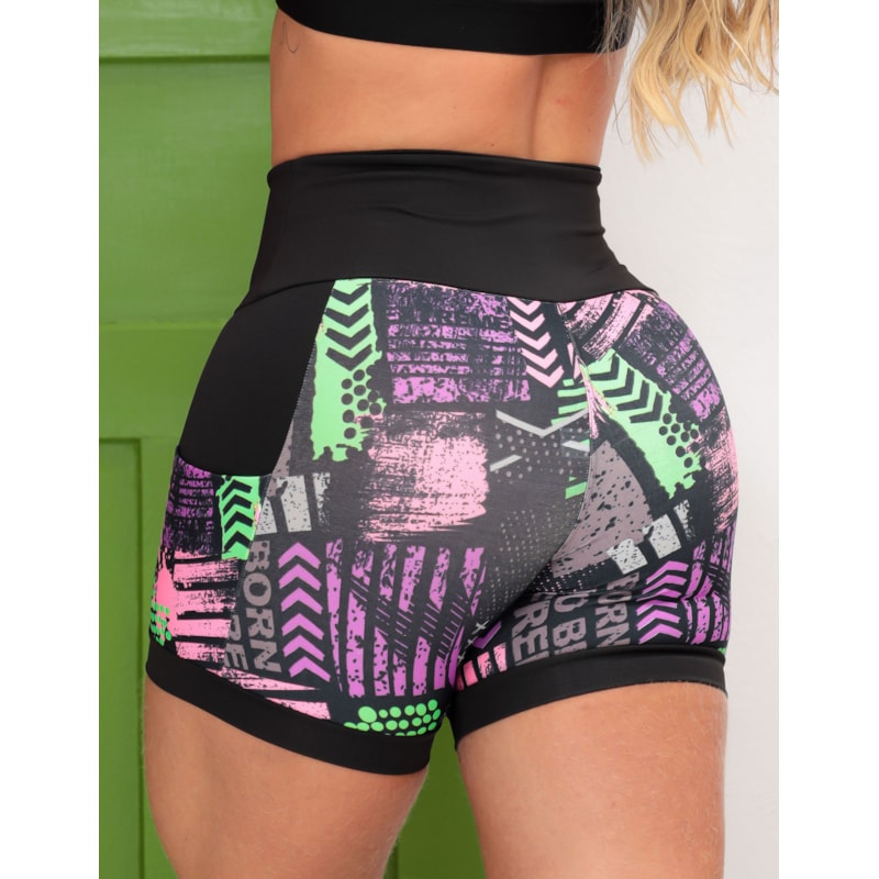 Shortinho Feminino Academia Fitness Estampado Cós Alto e Bolsos