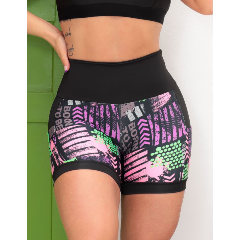 Shortinho Feminino Academia Fitness Estampado Cós Alto e Bolsos