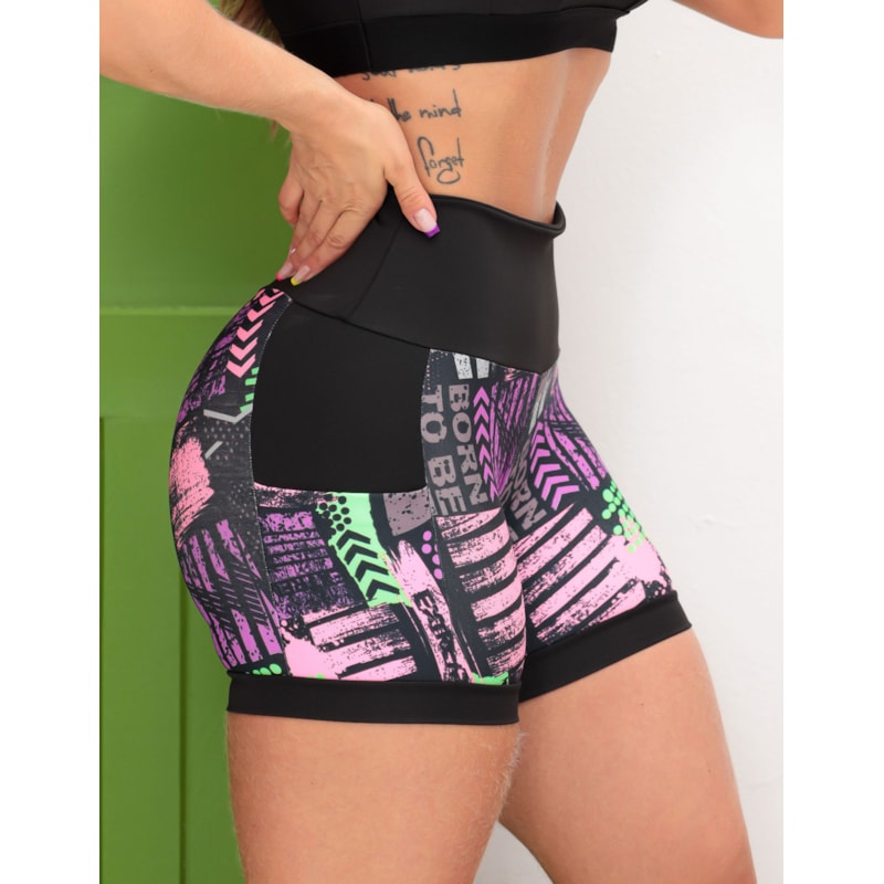 Shortinho Feminino Academia Fitness Estampado Cós Alto e Bolsos
