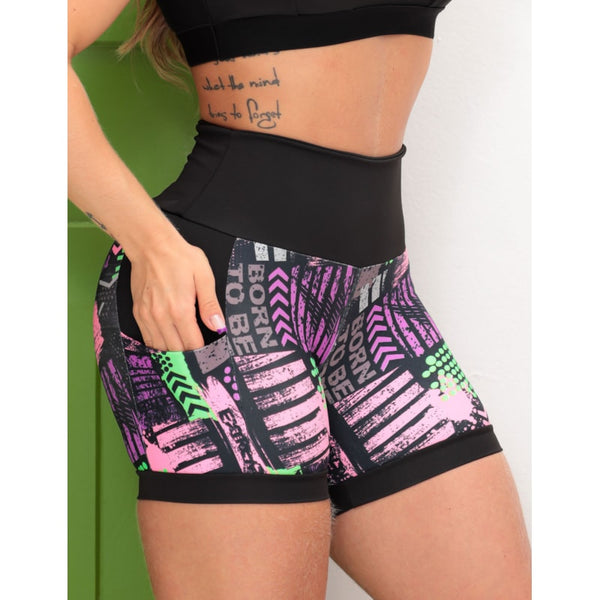 Shortinho Feminino Academia Fitness Estampado Cós Alto e Bolsos