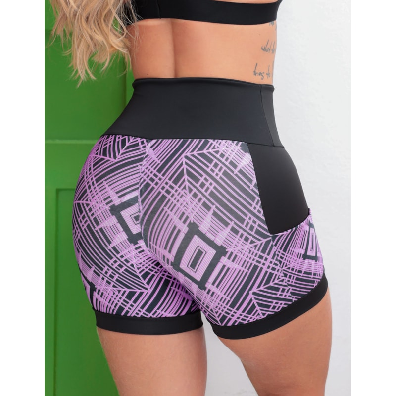 Shortinho Feminino Academia Fitness Estampado Cós Alto e Bolsos