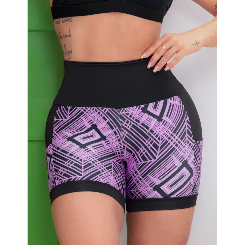 Shortinho Feminino Academia Fitness Estampado Cós Alto e Bolsos