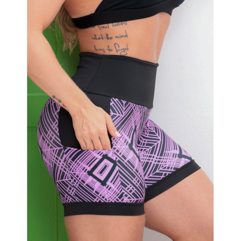 Shortinho Feminino Academia Fitness Estampado Cós Alto e Bolsos