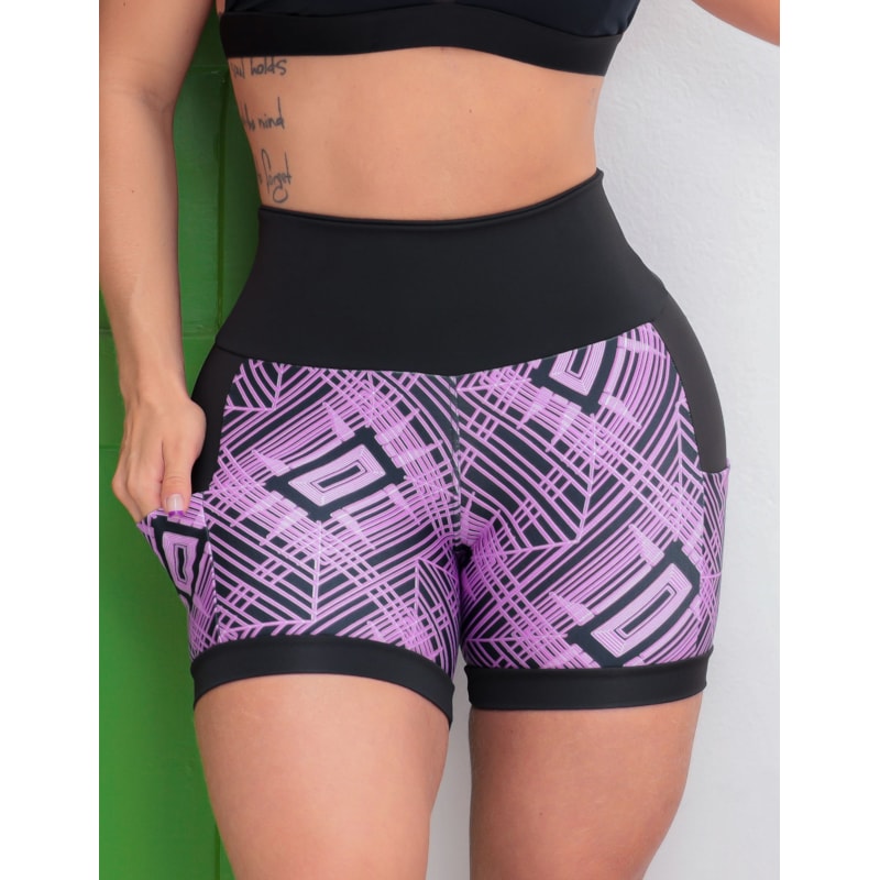 Shortinho Feminino Academia Fitness Estampado Cós Alto e Bolsos