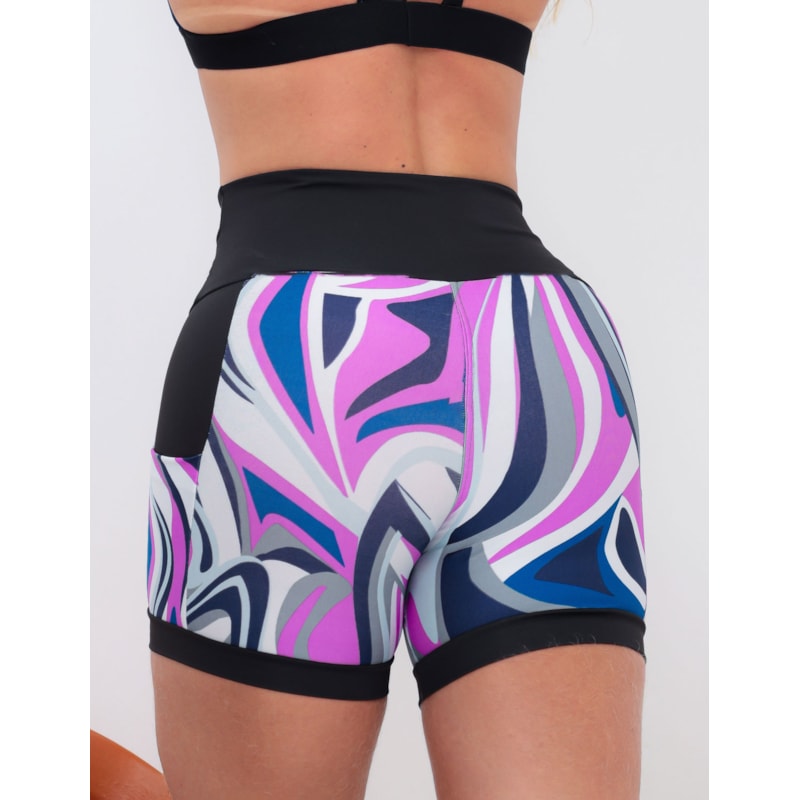 Shortinho Feminino Academia Fitness Estampado Cós Alto e Bolsos