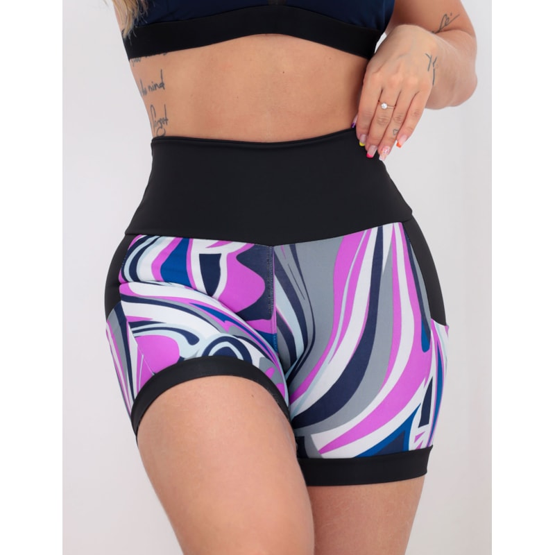 Shortinho Feminino Academia Fitness Estampado Cós Alto e Bolsos