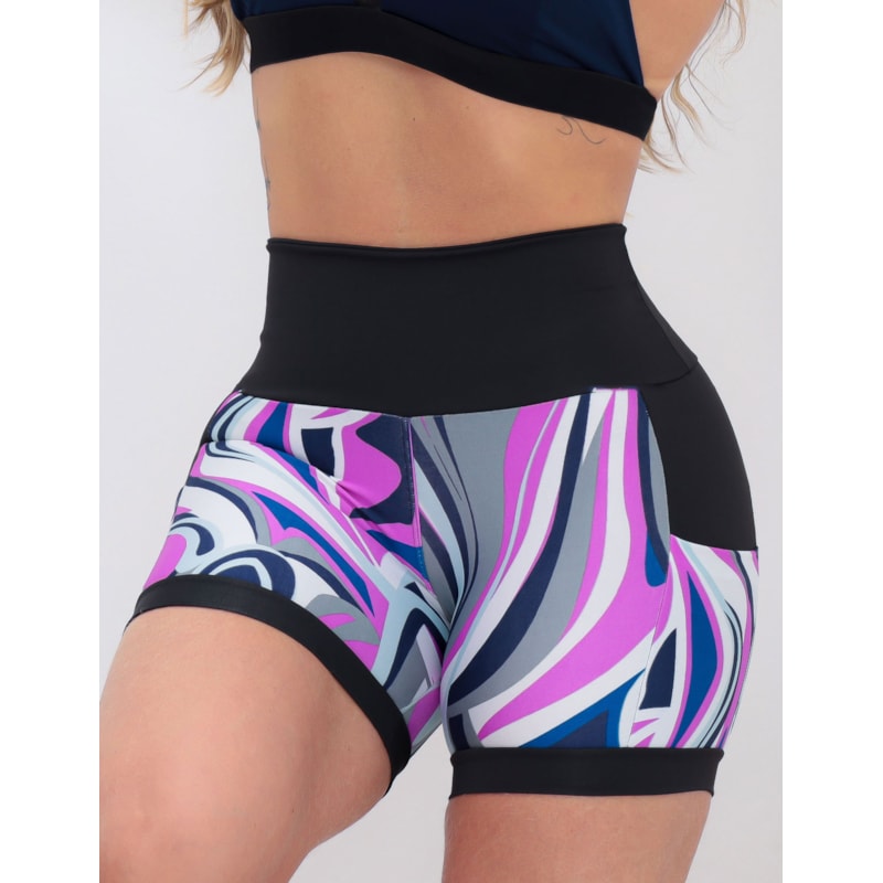 Shortinho Feminino Academia Fitness Estampado Cós Alto e Bolsos