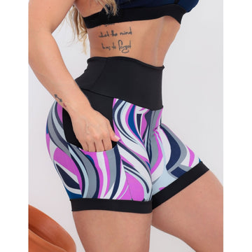 Shortinho Feminino Academia Fitness Estampado Cós Alto e Bolsos