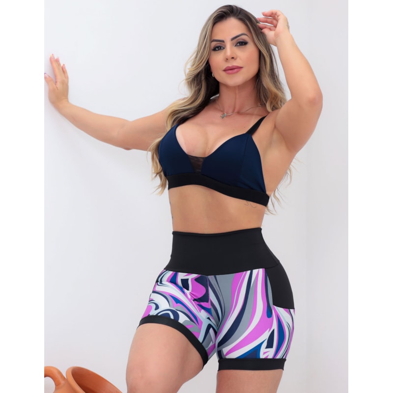 Conjunto Esportivo Feminino Short Estampado com Bolsos e Top com Bojo