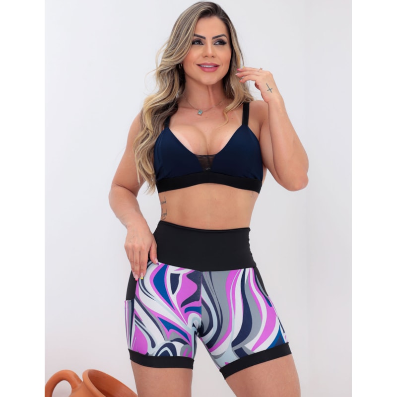 Conjunto Esportivo Feminino Short Estampado com Bolsos e Top com Bojo