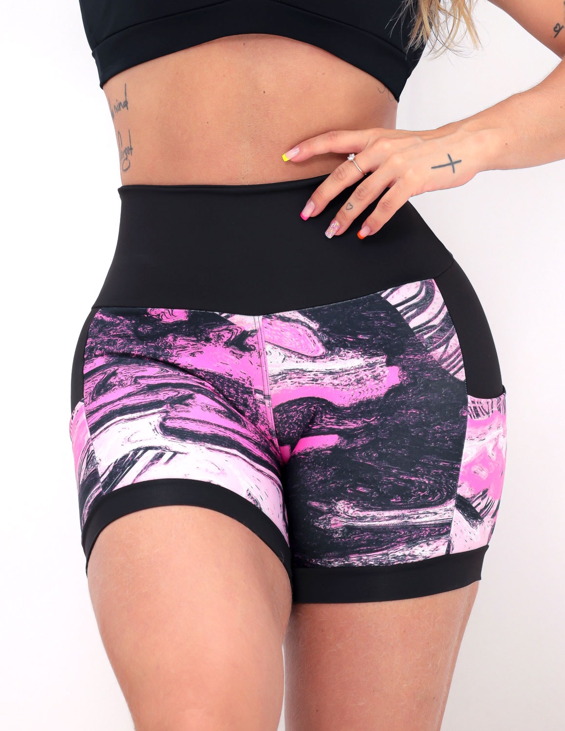 Shortinho Feminino Academia Fitness Estampado Cós Alto e Bolsos