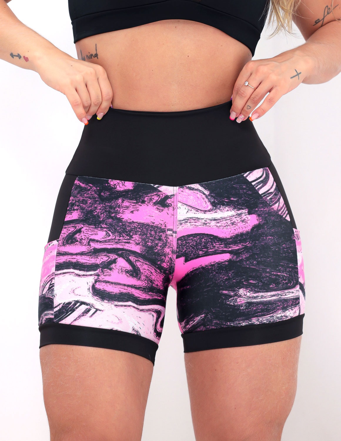 Shortinho Feminino Academia Fitness Estampado Cós Alto e Bolsos