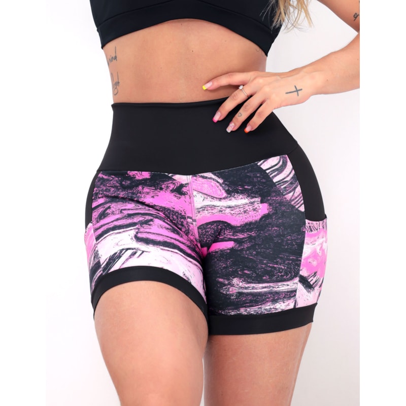 Shortinho Feminino Academia Fitness Estampado Cós Alto e Bolsos