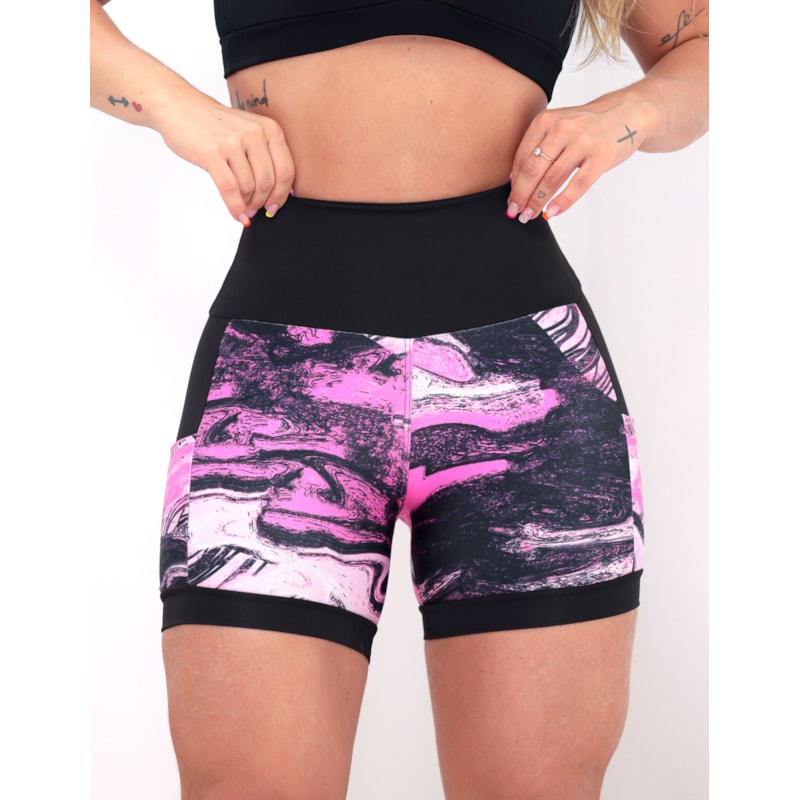 Shortinho Feminino Academia Fitness Estampado Cós Alto e Bolsos