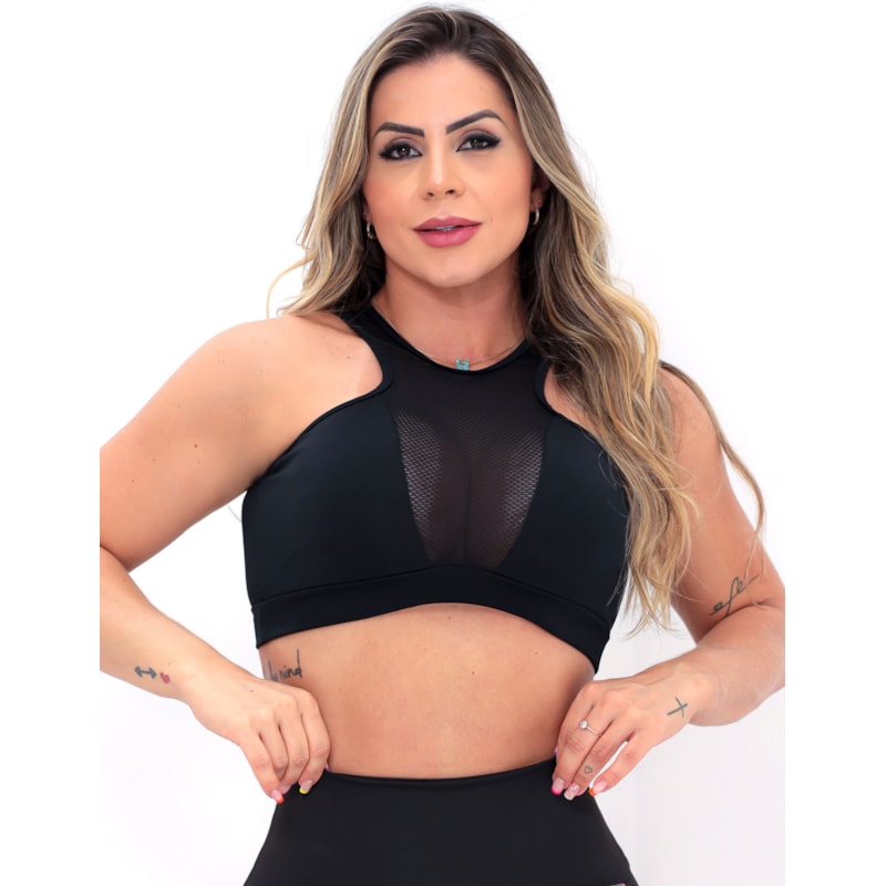Conjunto Esportivo Feminino Short Estampado com Bolsos e Cropped com Bojo
