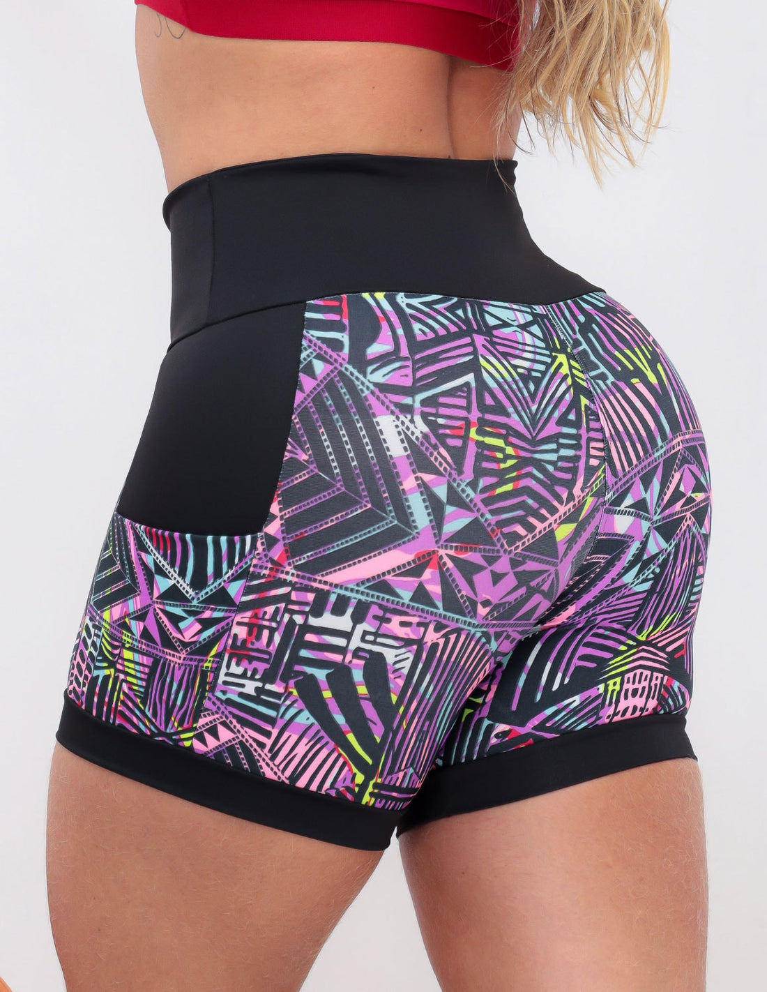 Shortinho Feminino Academia Fitness Estampado Cós Alto e Bolsos
