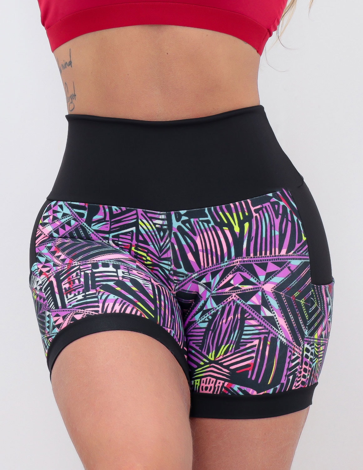 Shortinho Feminino Academia Fitness Estampado Cós Alto e Bolsos