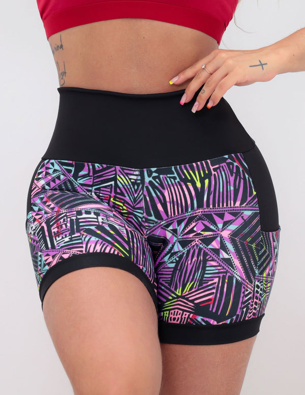 Shortinho Feminino Academia Fitness Estampado Cós Alto e Bolsos
