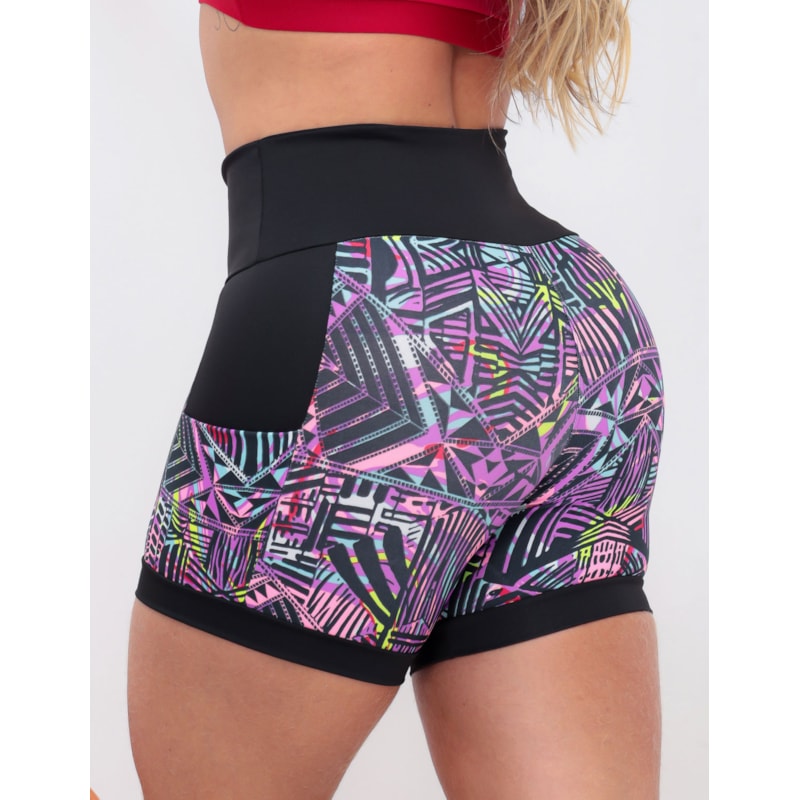 Shortinho Feminino Academia Fitness Estampado Cós Alto e Bolsos