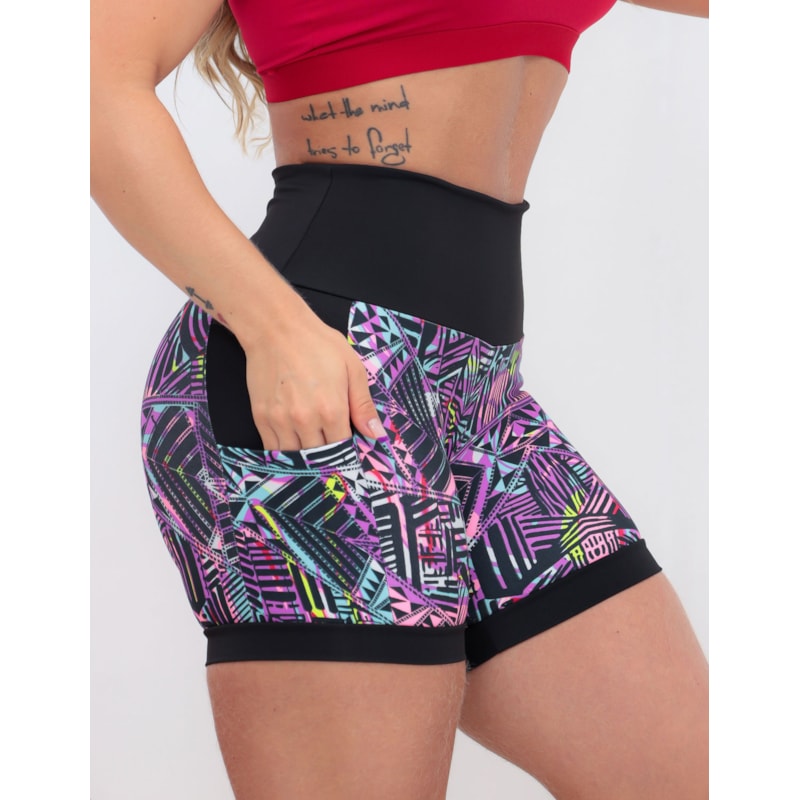 Shortinho Feminino Academia Fitness Estampado Cós Alto e Bolsos