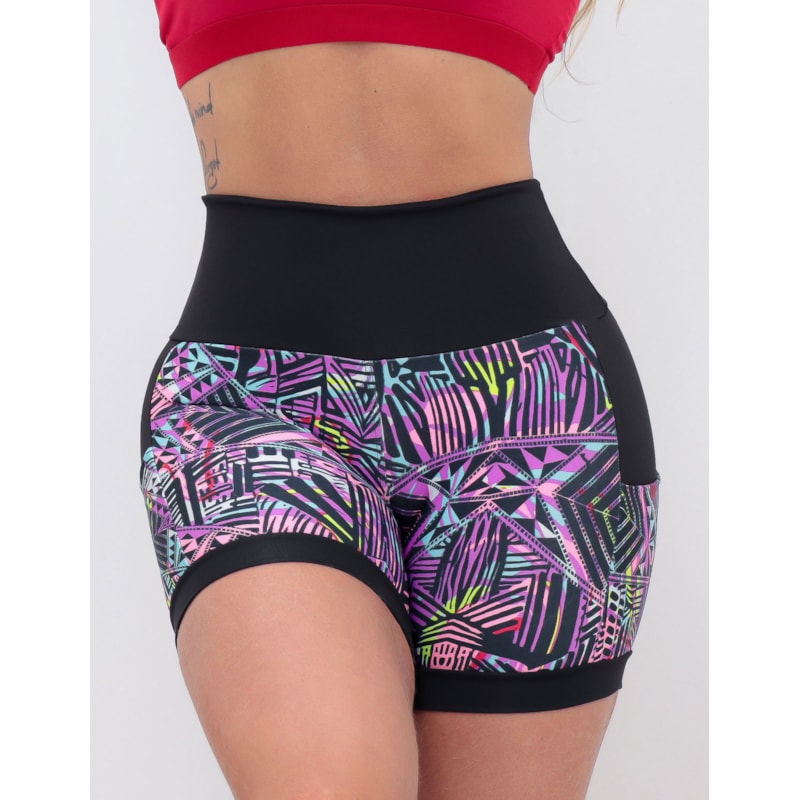 Shortinho Feminino Academia Fitness Estampado Cós Alto e Bolsos