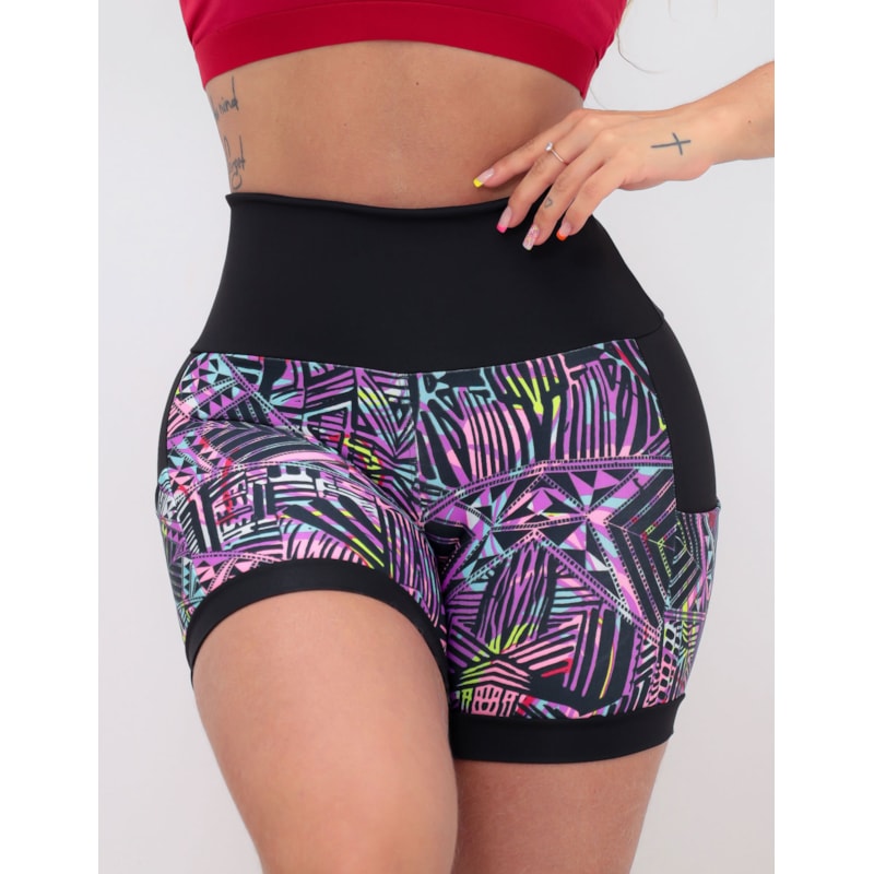 Shortinho Feminino Academia Fitness Estampado Cós Alto e Bolsos