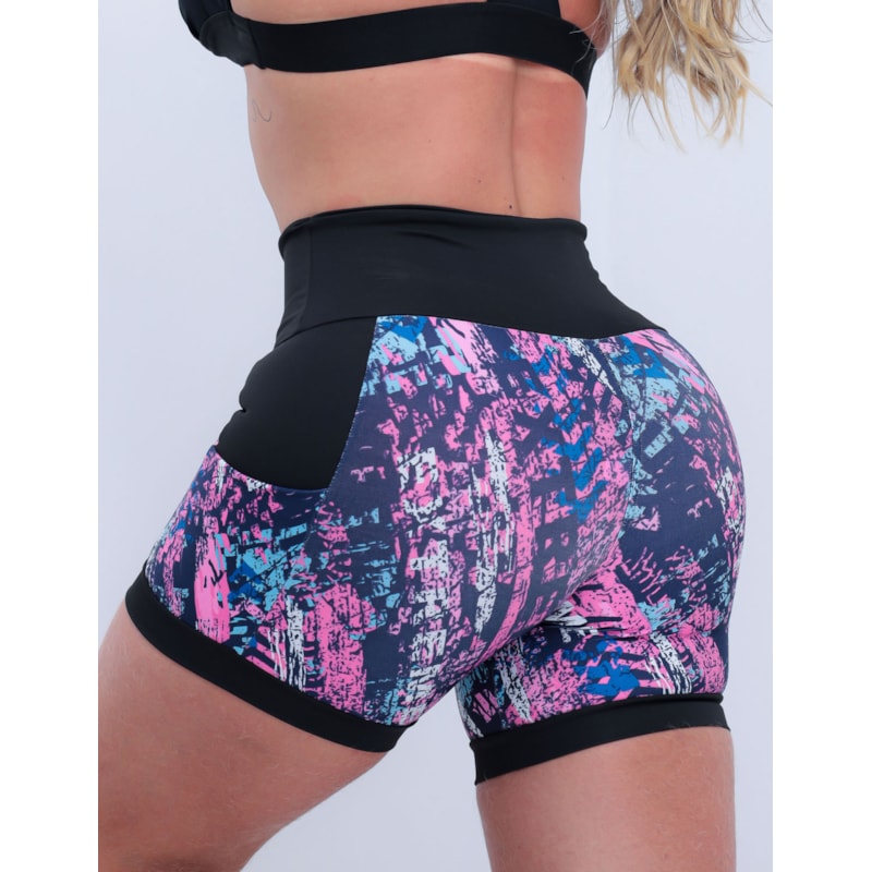 Shortinho Feminino Academia Fitness Estampado Cós Alto e Bolsos