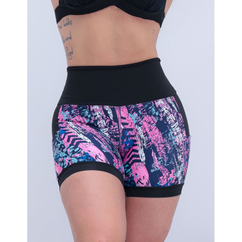 Shortinho Feminino Academia Fitness Estampado Cós Alto e Bolsos