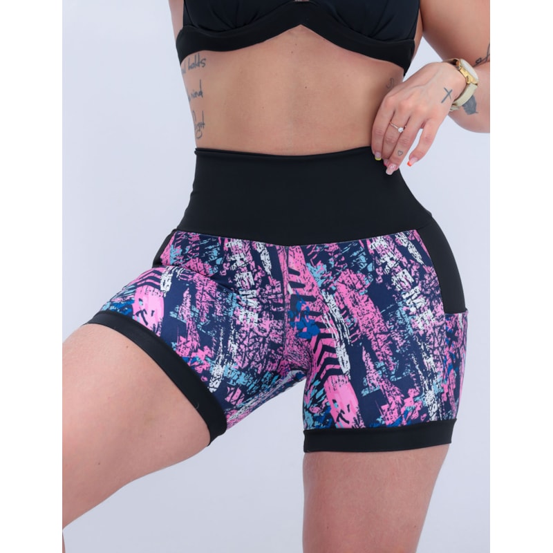 Shortinho Feminino Academia Fitness Estampado Cós Alto e Bolsos