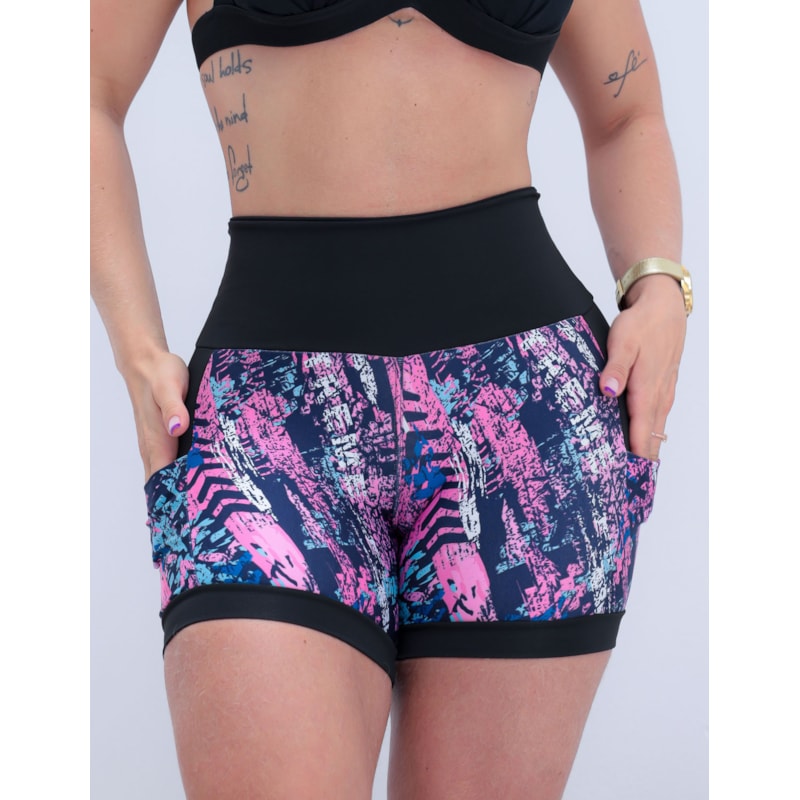 Shortinho Feminino Academia Fitness Estampado Cós Alto e Bolsos
